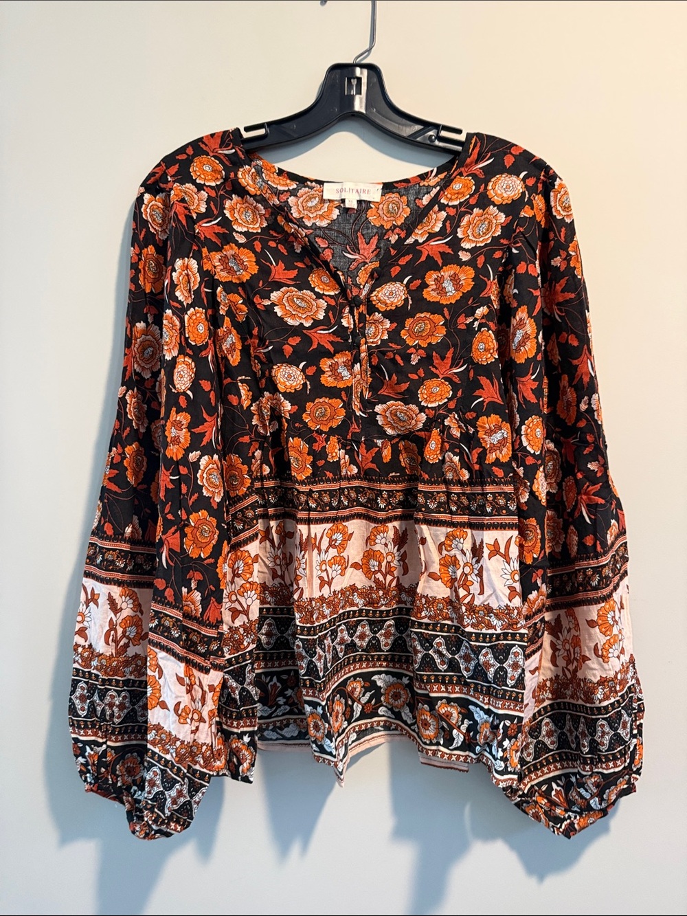 Solitaire Black and Orange Floral Tiered Peasant Blouse